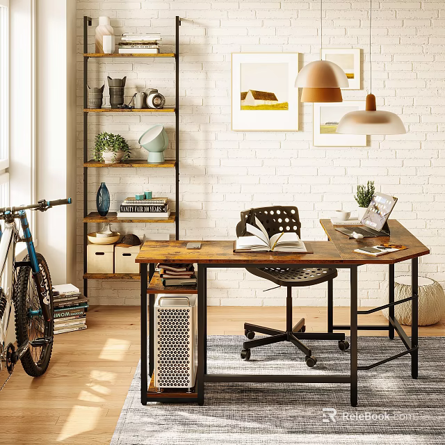 Modern Home Office Desk With Wooden Top Open Book Table Lamp And Office Chair 3d model 