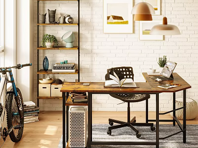 Modern Home Office Desk With Wooden Top Open Book Table Lamp And Office Chair 3d model