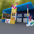 Modern Display Cabinets And Shelves With Blue Yellow Exterior And Poster Display Area