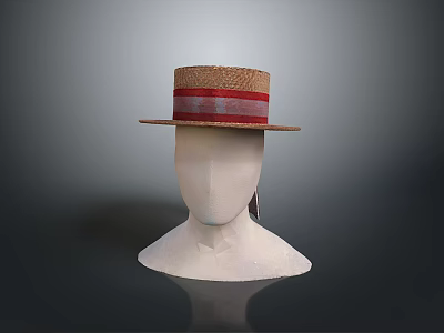 Classic Brown Straw Hat With Red Stripe Band On White Mannequin Head 3d model