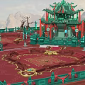 Ancient Architecture With Green Multi Layered Roofs Red Curtains Mountain Backdrop And Decorative Lanterns