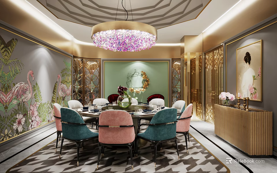 Luxurious Private Dining Room With Round Chandelier Colorful Chairs Floral Decor And Golden Accents 3d model 
