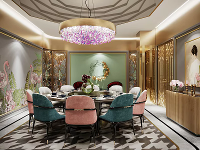 Luxurious Private Dining Room With Round Chandelier Colorful Chairs Floral Decor And Golden Accents 3d model