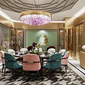 Luxurious Private Dining Room With Round Chandelier Colorful Chairs Floral Decor And Golden Accents