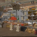 Vintage Attic Storage Room Interior With Tools Clay Pots Firewood Shelves And Lamps