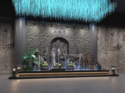 Garden Feature with Rock Waterfall Water Wheel Hanging Blue Curtain Green Plants And Brick Wall 3d model