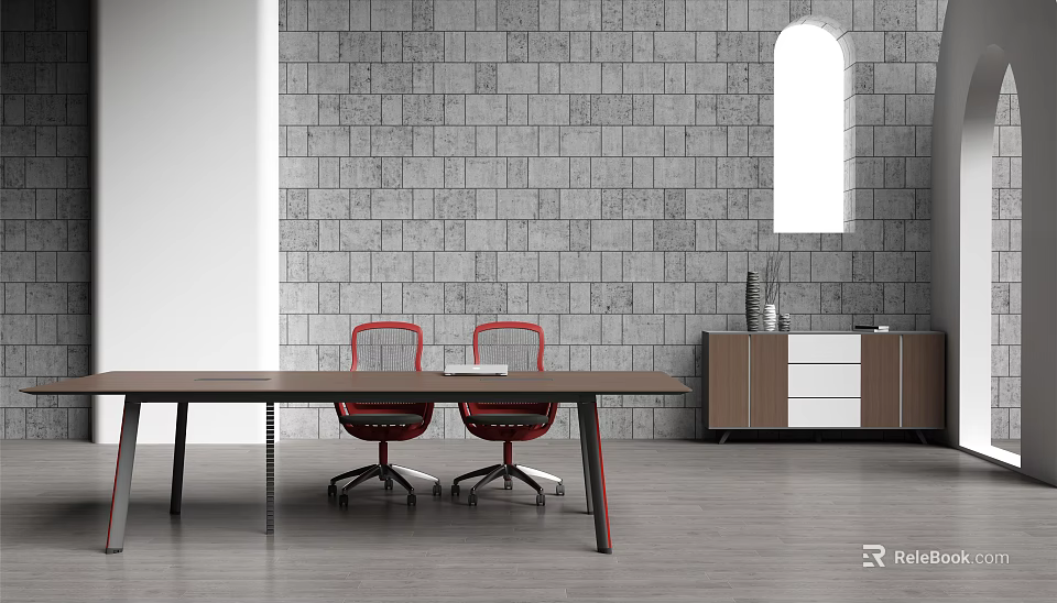 Long Brown Conference Table With Black Legs Red Chairs Gray Brick Wall And Arched Window 3d model 