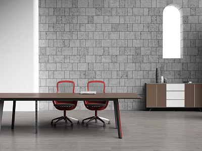 Long Brown Conference Table With Black Legs Red Chairs Gray Brick Wall And Arched Window 3d model