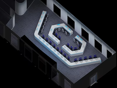 Modern Control Room Interior Design With Console Workstations Chairs And Screens 3d model