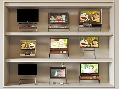 Multiple Televisions Arranged On Wall Mounted Display Shelf With Various Styles For Home Entertainment 3d model