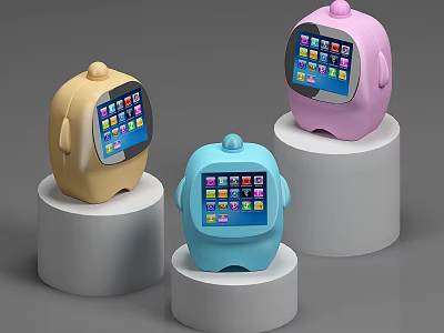 Colorful Robot Shaped Electric Toys with Screens and Icons on White Display Stands 3d model