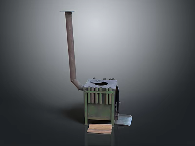 Vintage Cast Iron Wood Burning Stove With Tall Chimney And Firewood 3d model