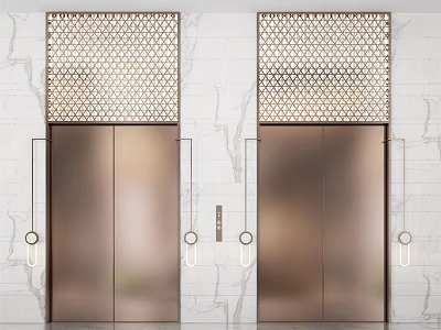 Elegant Elevator Doors With Metallic Finish And Lattice Design On White Marble Wall 3d model