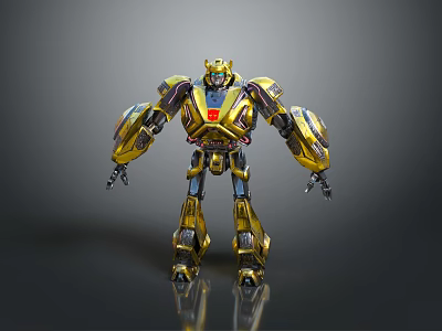Golden Robot Character Model With Yellow Black Color Scheme And Red Chest Emblem Standing Pose 3d model