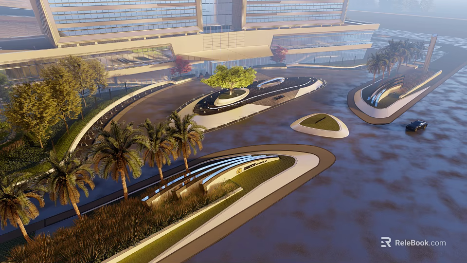 Modern Plaza Landscape Design With Curved Pathways Palm Trees And Water Features 3d model 