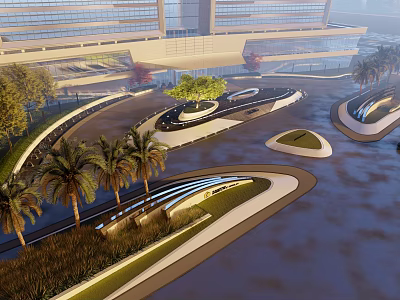 Modern Plaza Landscape Design With Curved Pathways Palm Trees And Water Features 3d model
