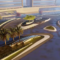 Modern Plaza Landscape Design With Curved Pathways Palm Trees And Water Features