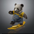Cute Panda Toy Standing Wearing Yellow T-shirt And Blue Overalls On Yellow Skateboard With Cookie