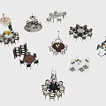 Stylish Dining Table Sets With Various Table Designs Chairs And Chandeliers 3d model