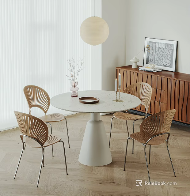 Minimalist Round Table and Rattan Chair Set with White Base Metal Legs and Wooden Cabinet 3d model 