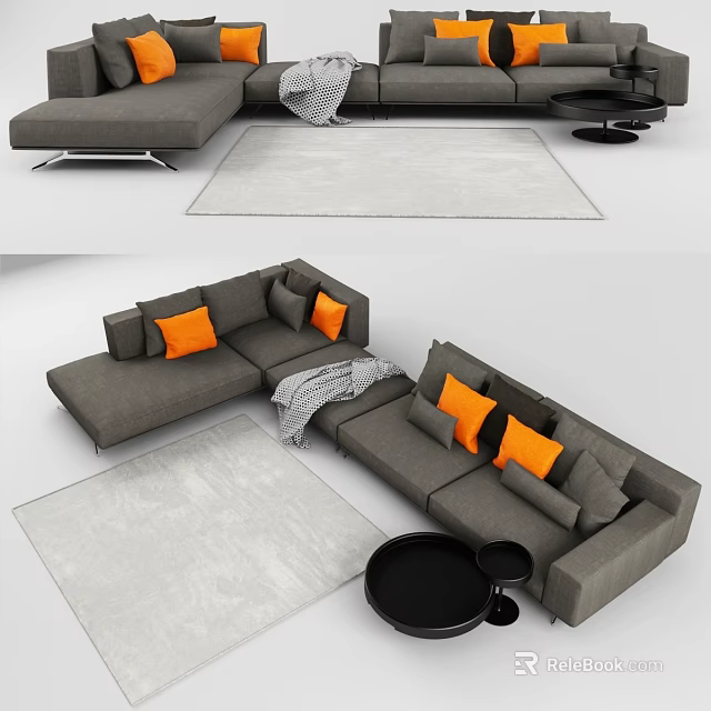 Gray Sectional Sofa With Orange Pillows Throw Blanket And Side Table On Rug 3d model