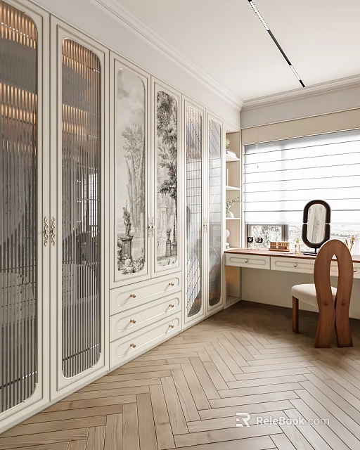Luxurious Walk in Closet with White Cabinets Patterned Glass Doors Drawers and Herringbone Wooden Floor 3d model 