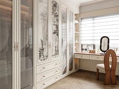 Luxurious Walk in Closet with White Cabinets Patterned Glass Doors Drawers and Herringbone Wooden Floor 3d model