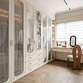Luxurious Walk in Closet with White Cabinets Patterned Glass Doors Drawers and Herringbone Wooden Floor