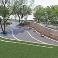 Scenic Park Landscape With Tall Leafy Trees Lush Green Grass Curved Paved Pathway And Benches