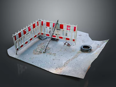 Outdoor Construction Site Landscape With Red White Fencing Gravel Ground And Tire Chair 3d model
