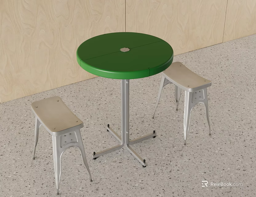 Modern Green Round Table with Metal Frame and Two Metal Stools 3d model