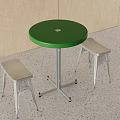 Modern Green Round Table with Metal Frame and Two Metal Stools 3d model
