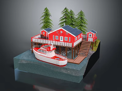 Red Wooden Waterfront House With Pine Trees Boat Dock And Stairs 3d model