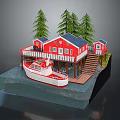 Red Wooden Waterfront House With Pine Trees Boat Dock And Stairs