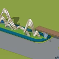 Modern Entrance Gate With Wavy Structure Extended Canopy Green Lawn And Blue Sky