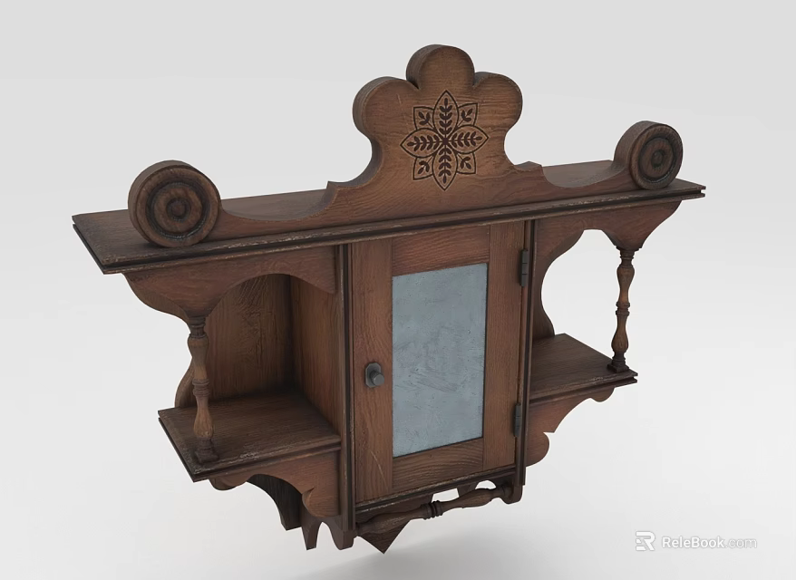 Ornate Antique Wooden Wall Cabinet With Carved Design Mirror And Storage Shelves 3d model 