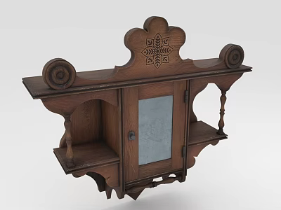 Ornate Antique Wooden Wall Cabinet With Carved Design Mirror And Storage Shelves 3d model