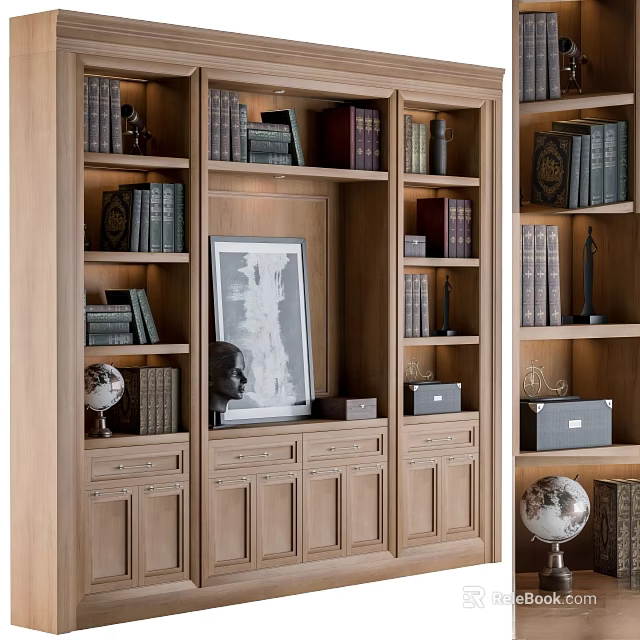 Elegant Sofa Set With Wooden Bookcase Books Artwork Globe And Decorative Items 3d model 