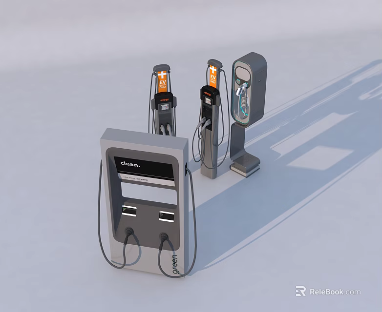 Modern Gray Electric Vehicle Charging Stations With Multiple Units And Cables 3d model
