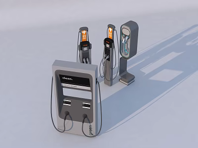Modern Gray Electric Vehicle Charging Stations With Multiple Units And Cables 3d model