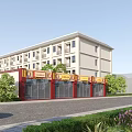 Modern Commercial Street with Multi story Building Red Storefronts Greenery and Parked Car