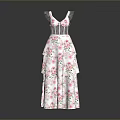 White Long Dress With Pink Floral Pattern And Sheer Shoulder Straps Layered Skirt