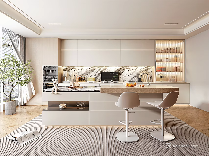 Modern Kitchen Interior Design With Light Colored Cabinets Marble Island And Bar Stools 3d model