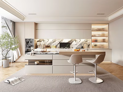 Modern Kitchen Interior Design With Light Colored Cabinets Marble Island And Bar Stools 3d model