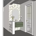 Modern Bathroom Interior With Floral Wallpaper Arched Mirror Green Cabinet And Glass Block Vanity