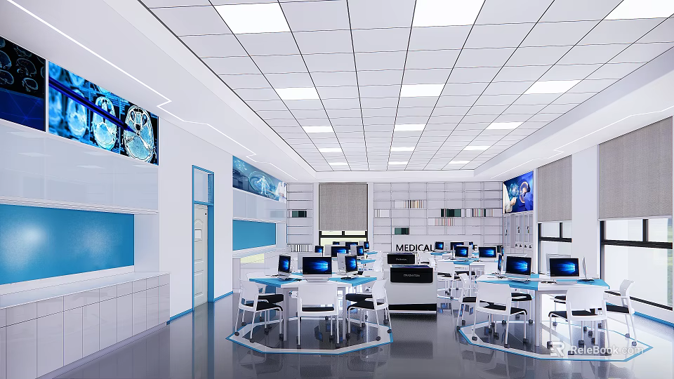 Modern Open Layout Laboratory Interior With Multiple Computers Blue Decor White Cabinets And Workstations 3d model 