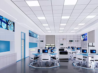 Modern Open Layout Laboratory Interior With Multiple Computers Blue Decor White Cabinets And Workstations 3d model