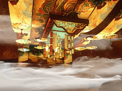Classical Chinese Style Decor With Gorgeous Painted Ceiling Dragon Patterns Hanging Lanterns And Clouds 3d model