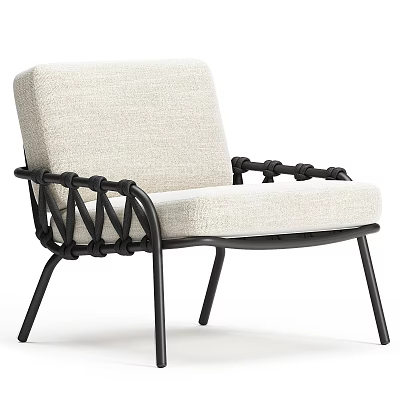Modern Single Sofa With Light Fabric Cushion Black Metal Frame And Woven Armrests 3d model