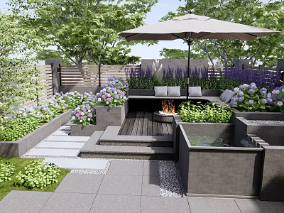 Lush Courtyard Garden Design With Umbrella Seating Area Fire Pit Water Feature And Stone Paving 3d model